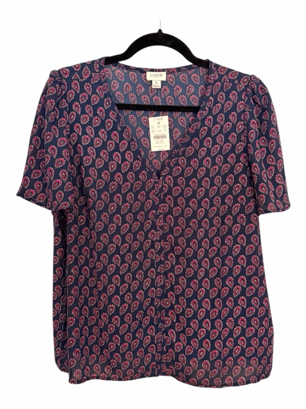 J. CREW M Navy Semi-Sheer V-Neck Patterned Top NWT